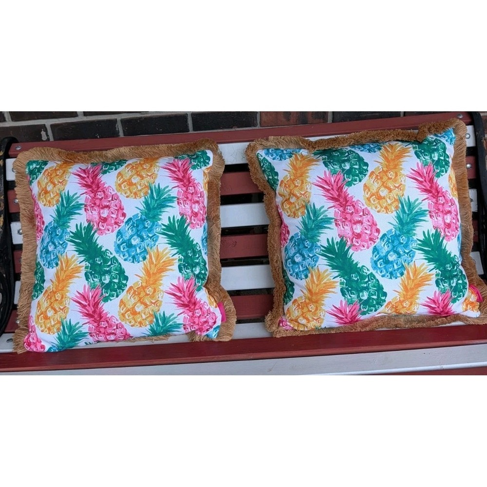 Isaac Mizrahi NY. Tropical Pineapple Pair Colors Fringe Throw Pillows 16"x16x 3"